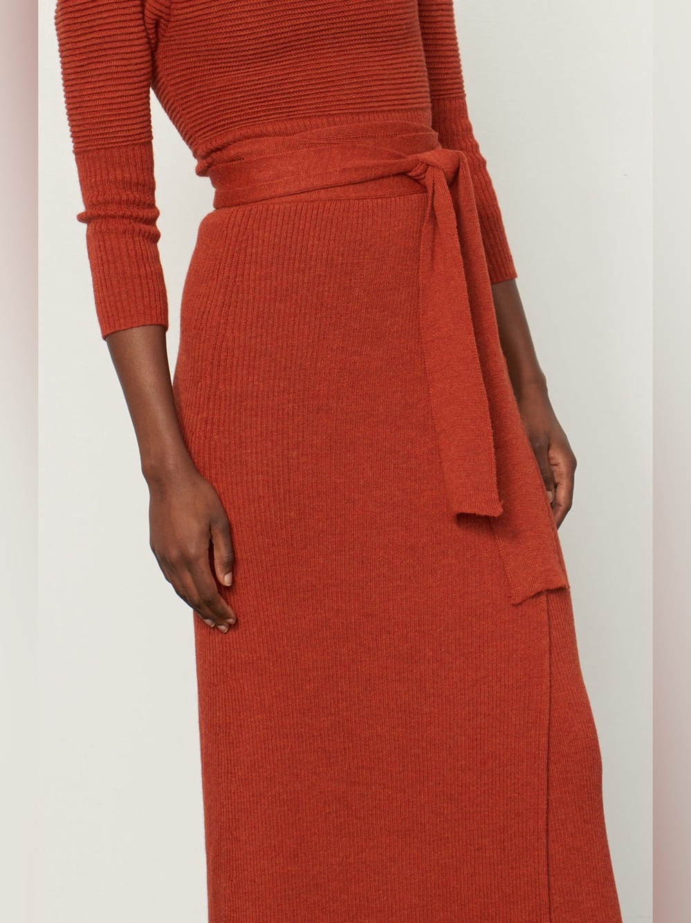 Mara Hoffman Azalea wrap skirt sunset orange Red Ribbed Midi Skirt with Wrap Tie